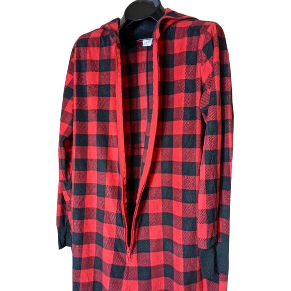 HOLIDAY TAILS Red Buffalo Plaid Zipper Hooded Onesie Pajamas Small Medium - Picture 3 of 6